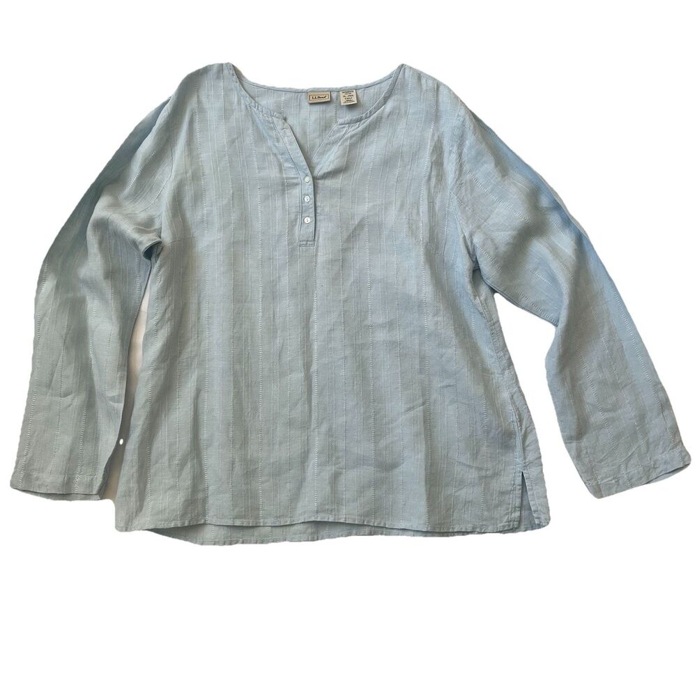 LL Bean 100% Linen Shirt Women Size XL Top Popover Blue Textured Split Neck EEUC